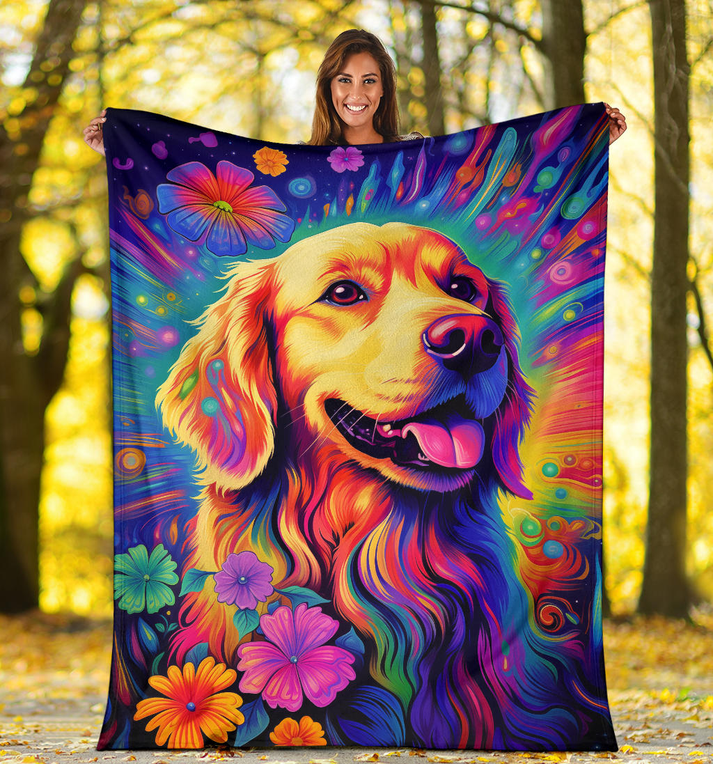 Trippy Psychedelics Golden Retriever Blanket, Golden Retriever Throw Blanket, Golden Retriever Fleece Blanket, Golden Retriever Gifts