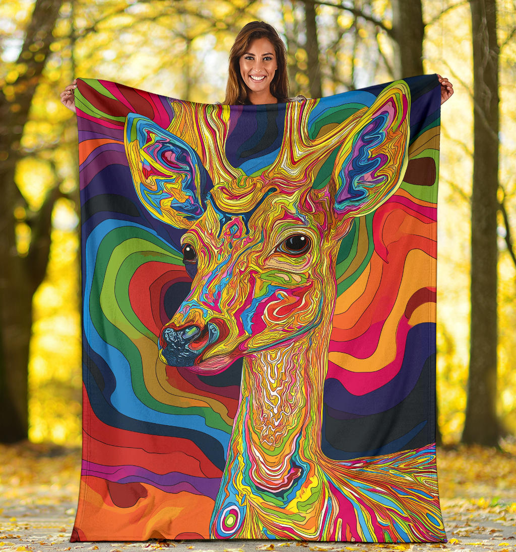 Deer Blanket, Trippy Psychedelics Deer Fleece Blanket, Deer Throw Blanket, Deer Gifts