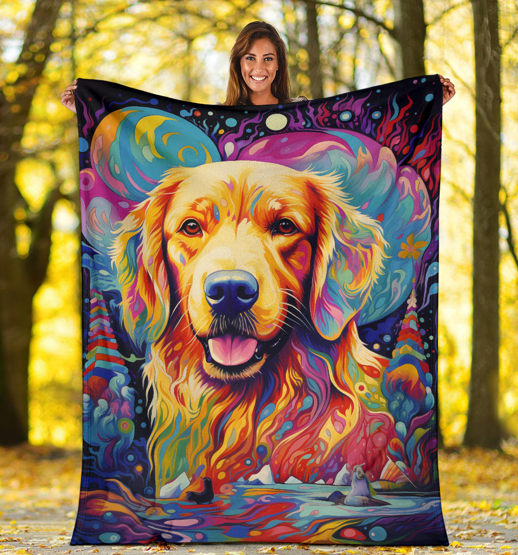 Trippy Psychedelics Golden Retriever Blanket, Golden Retriever Throw Blanket, Golden Retriever Fleece Blanket, Golden Retriever Gifts