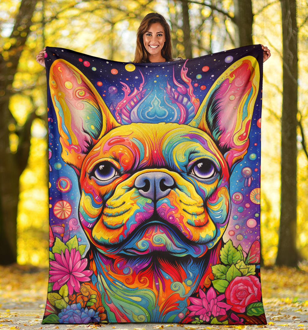 Trippy Psychedelics French Bulldog, French Bulldog Throw Blanket, French Bulldog Fleece Blanket, French Bulldog Gifts