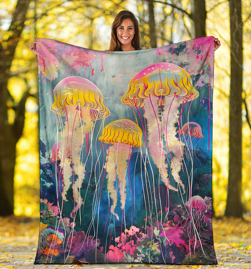 Jellyfish Blanket, Trippy Psychedelics Jellyfish Fleece Blanket, Jellyfish Throw Blanket, Jellyfish Gifts