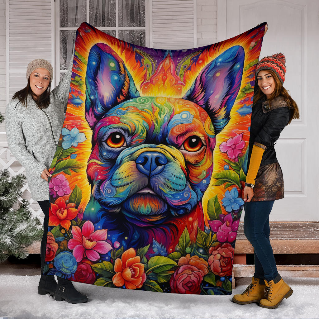 Trippy Psychedelics French Bulldog, French Bulldog Throw Blanket, French Bulldog Fleece Blanket, French Bulldog Gifts