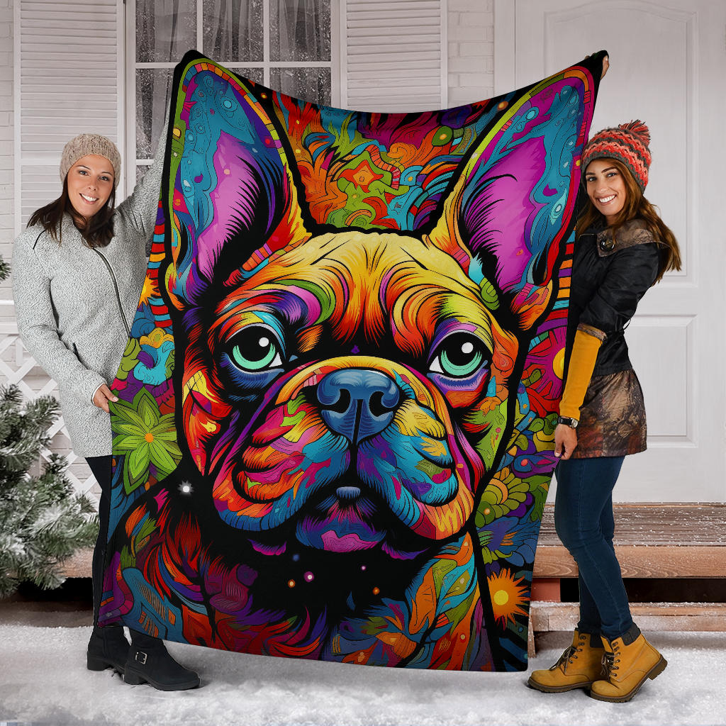 Trippy Psychedelics French Bulldog, French Bulldog Throw Blanket, French Bulldog Fleece Blanket, French Bulldog Gifts