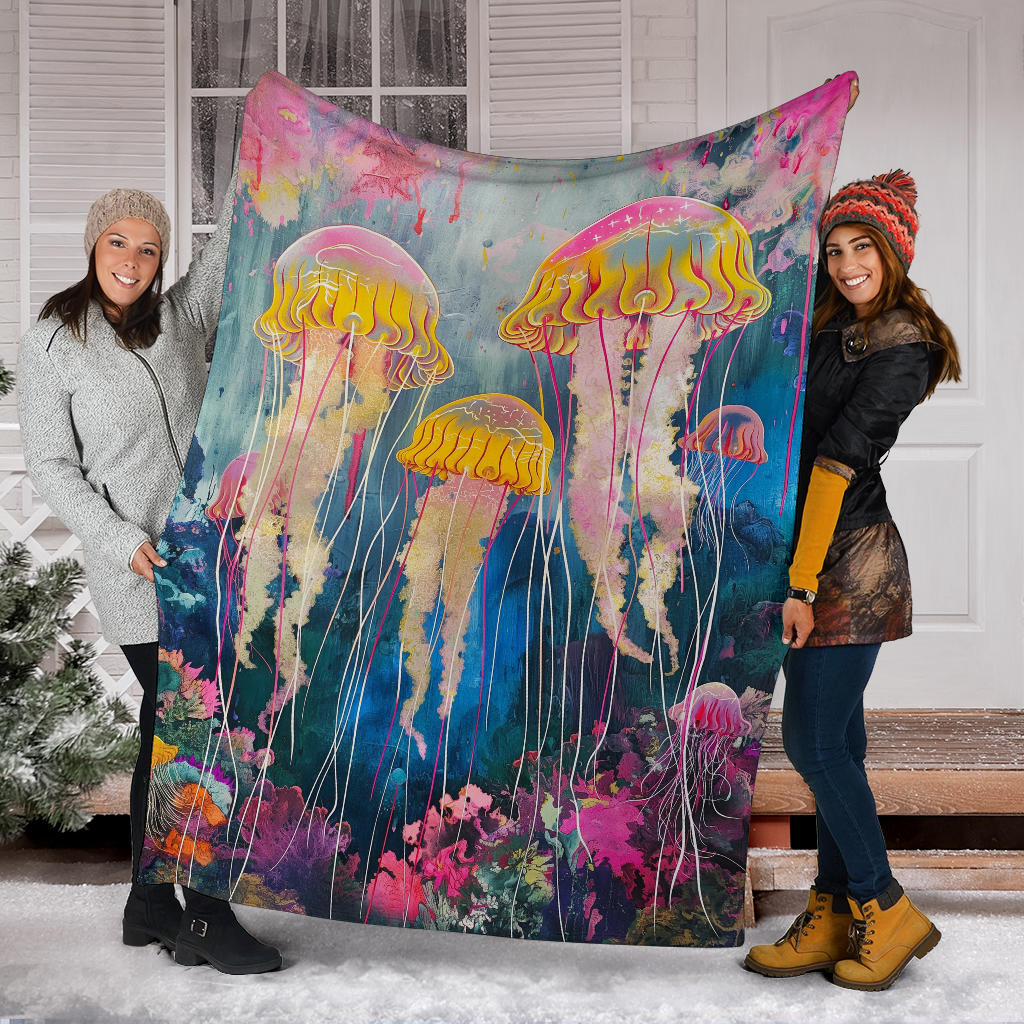 Jellyfish Blanket, Trippy Psychedelics Jellyfish Fleece Blanket, Jellyfish Throw Blanket, Jellyfish Gifts