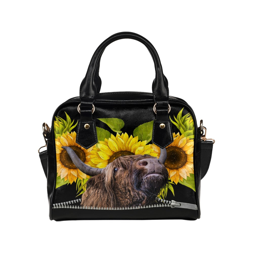 Highland cow Sunflowers Shoulder Handbag