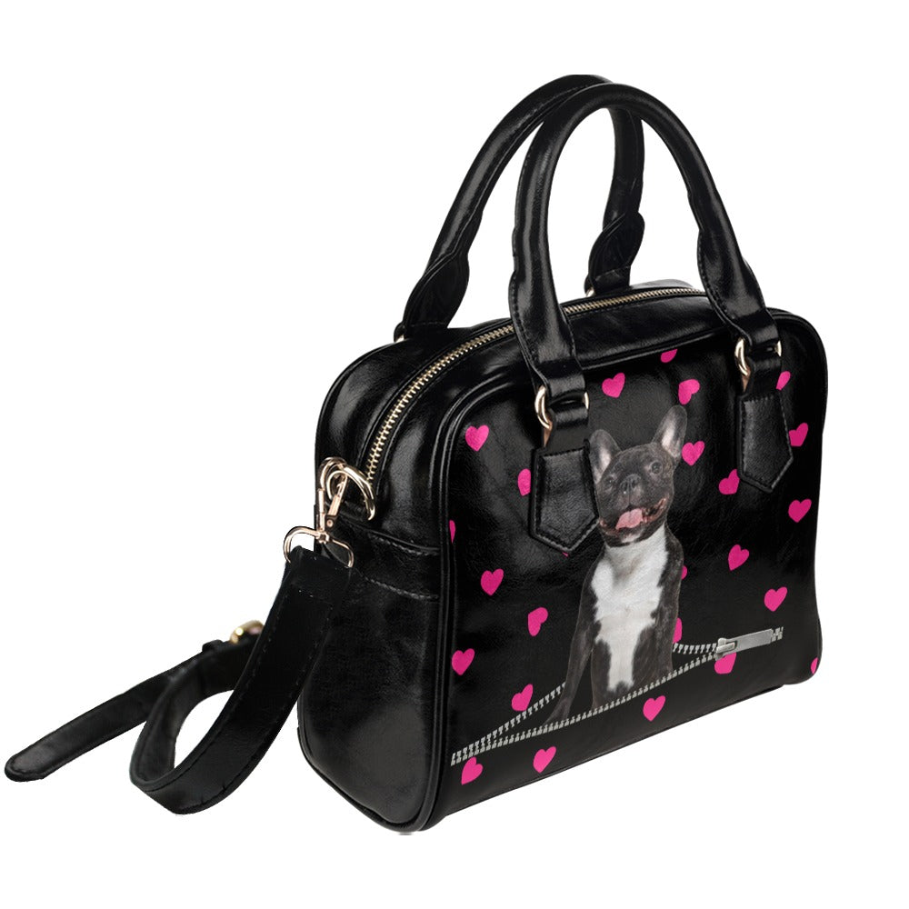 French Bulldog Zip Hearts Shoulder Handbag