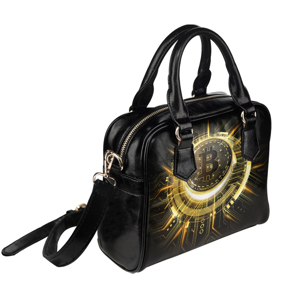 Golden Bitcoin Cryptocurrency Futuristic 3D Shoulder Handbag