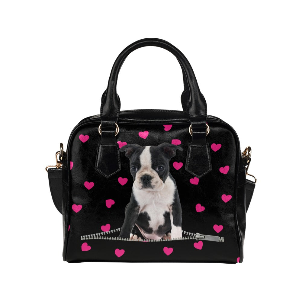 Boston Terrier Zip Hearts Shoulder Handbag