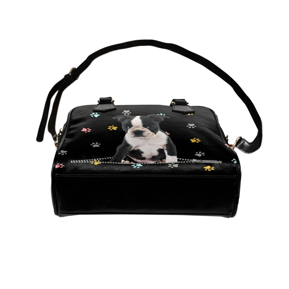 Boston Terrier Zip Colorful Paws Shoulder Handbag