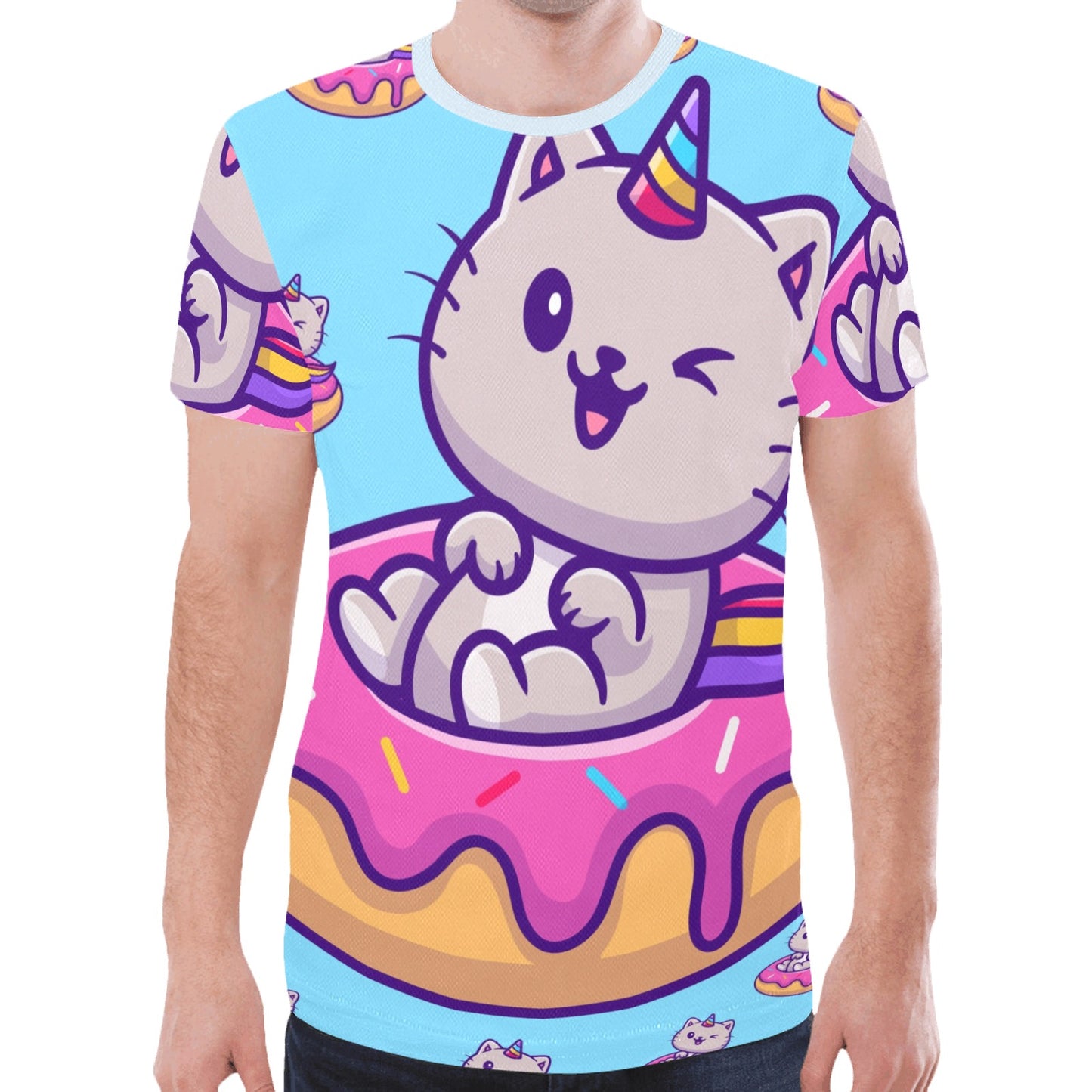 Cat doughnut unicorn blue cartoon New All Over Print T-shirt