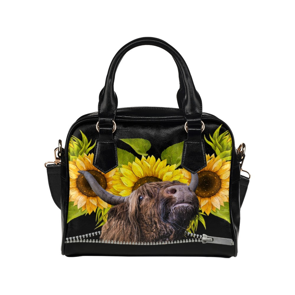 Highland cow Sunflowers Shoulder Handbag