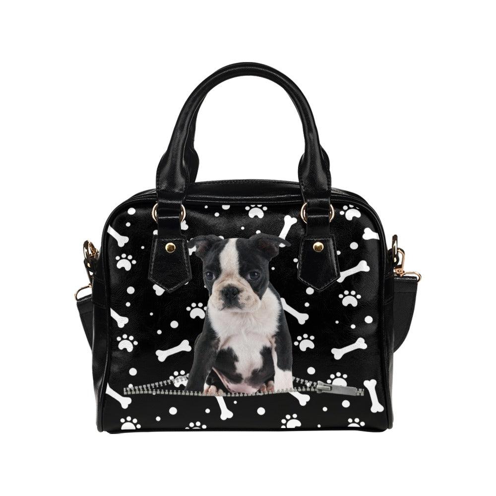 Boston Terrier Zip Paws and Bones Shoulder Handbag