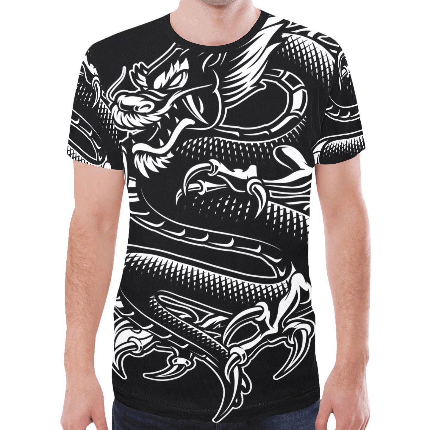 Japanese Dragon Illustration Monochrome New All Over Print T-shirt