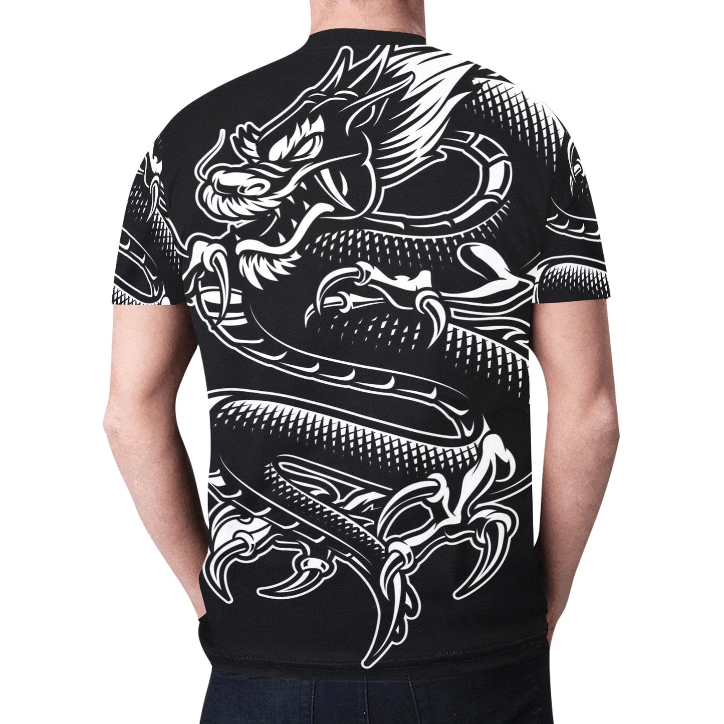 Japanese Dragon Illustration Monochrome New All Over Print T-shirt