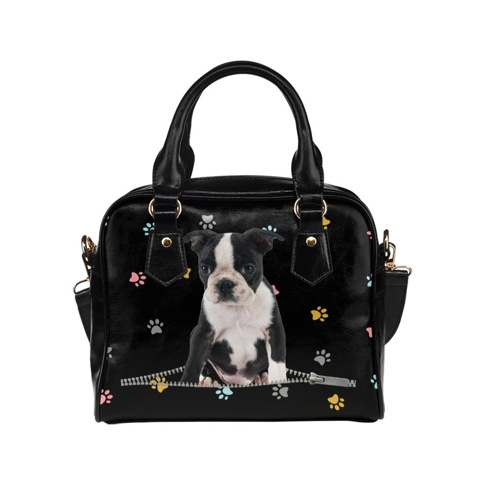 Boston Terrier Zip Colorful Paws Shoulder Handbag