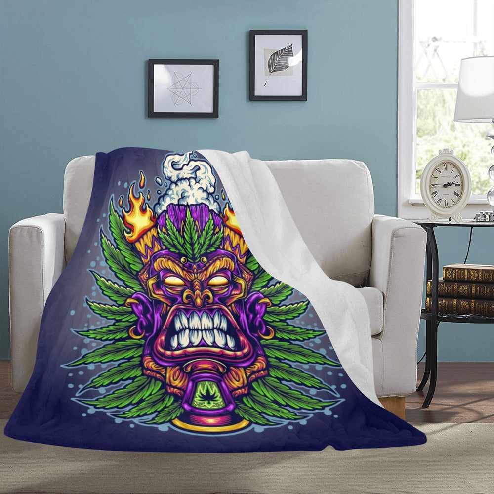 Angry Tiki Trippy Marijuana Leaf and Cloud Illustrations Ultra-Soft Micro Fleece Blanket 60"x80"