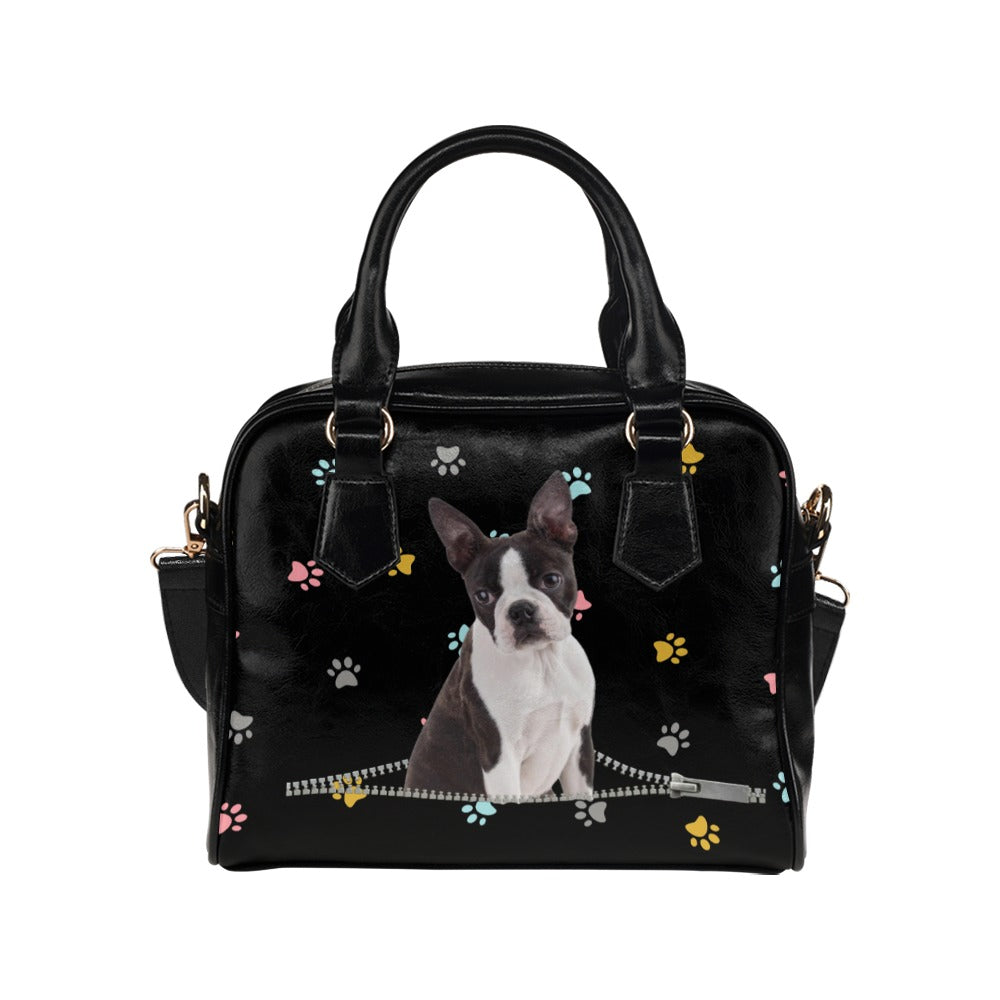 Boston Terrier Dog Zip Colorful Paws Shoulder Handbag