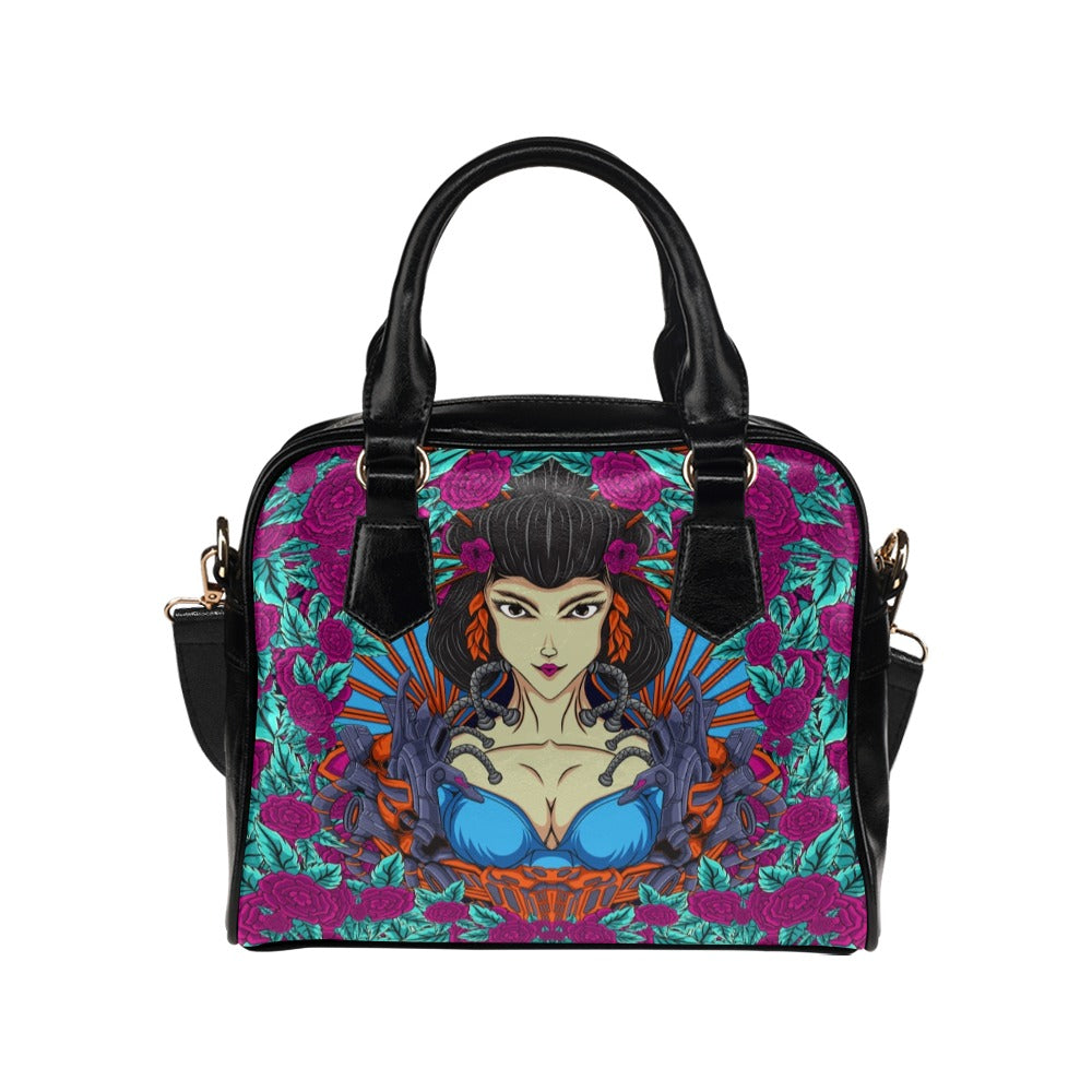 Japanese Geisha Woman Illustration With Flowers Shoulder Handbag