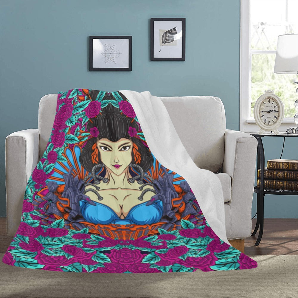 Japanese Geisha Woman Illustration With Flowers Ultra-Soft Micro Fleece Blanket 60"x80"