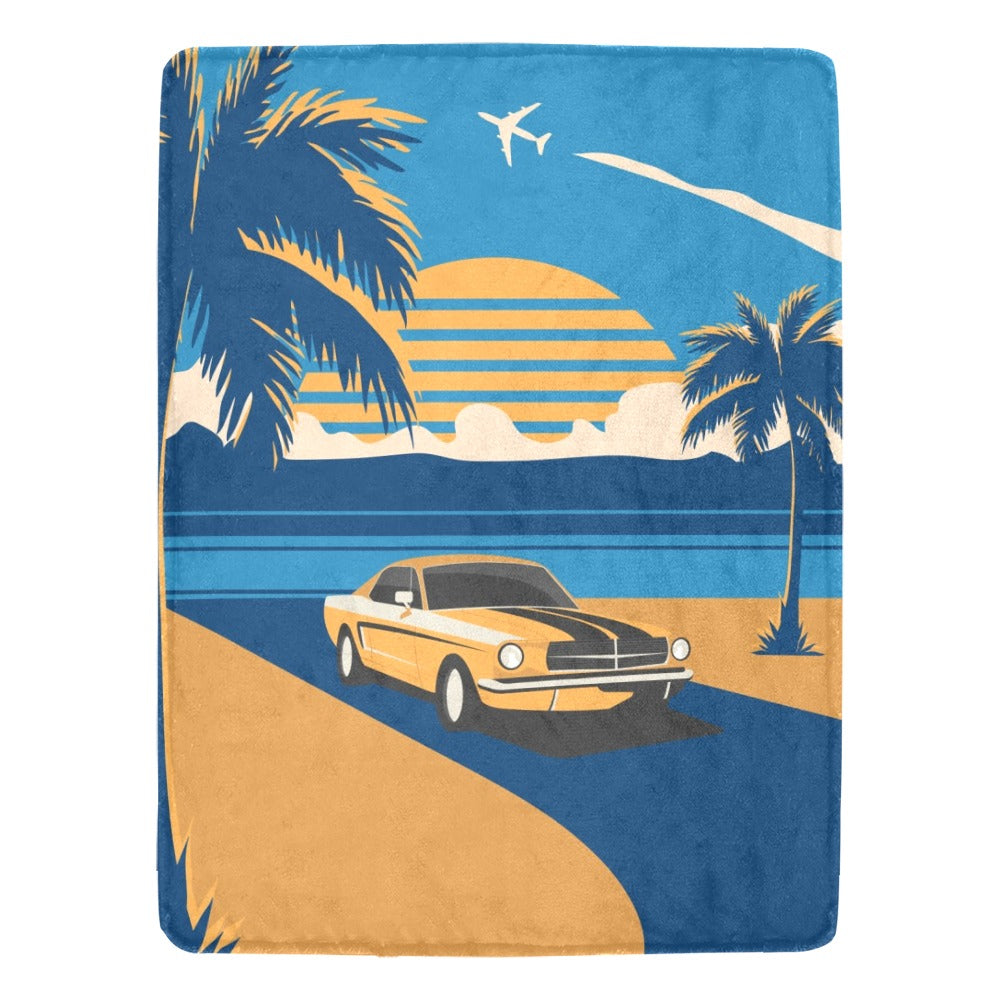 Retro Car Palm Trees Sunset Vintage Ultra-Soft Micro Fleece Blanket 60"x80"