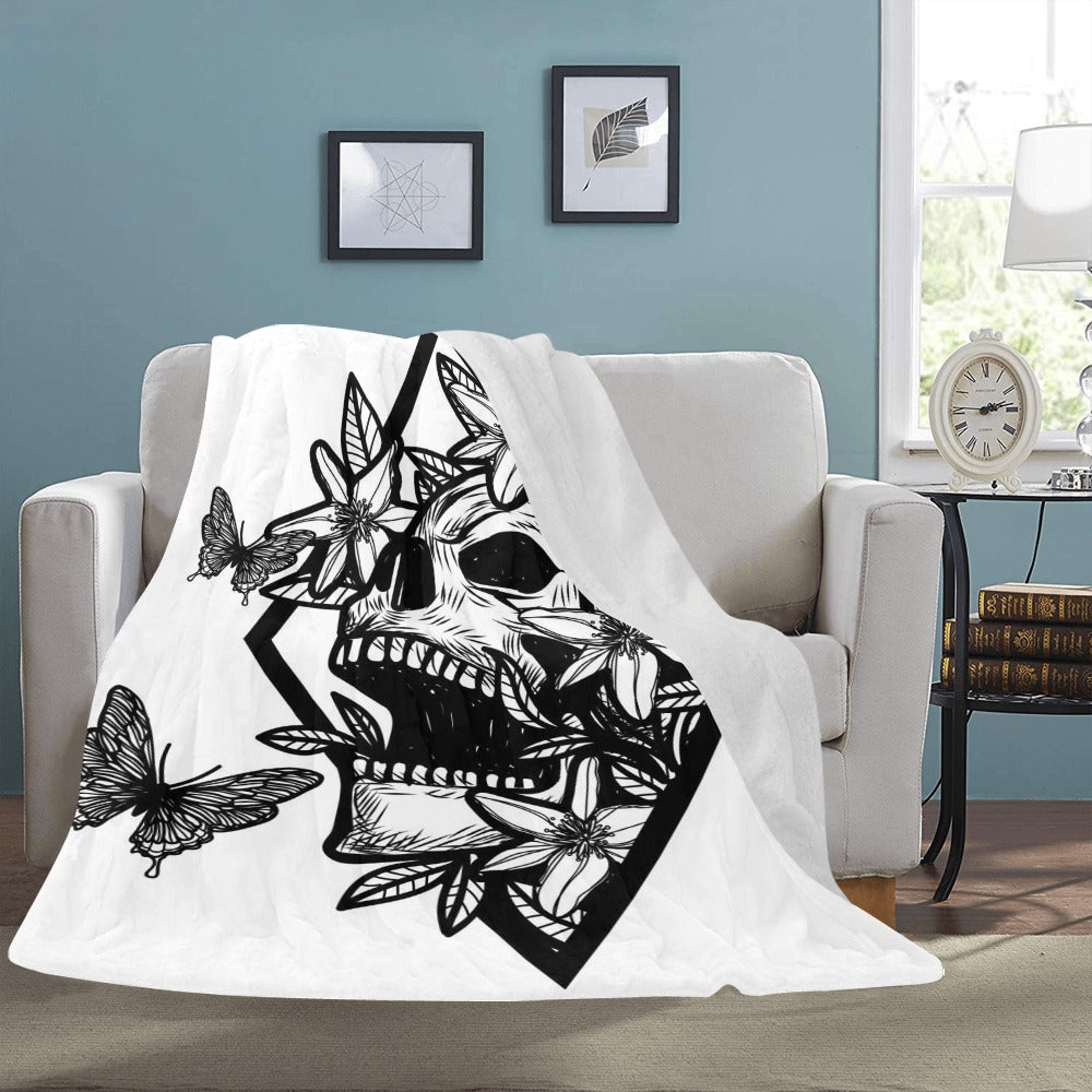 Skull Tattoo Art Flowers Drawing Sketch Black Ultra-Soft Micro Fleece Blanket 60"x80"