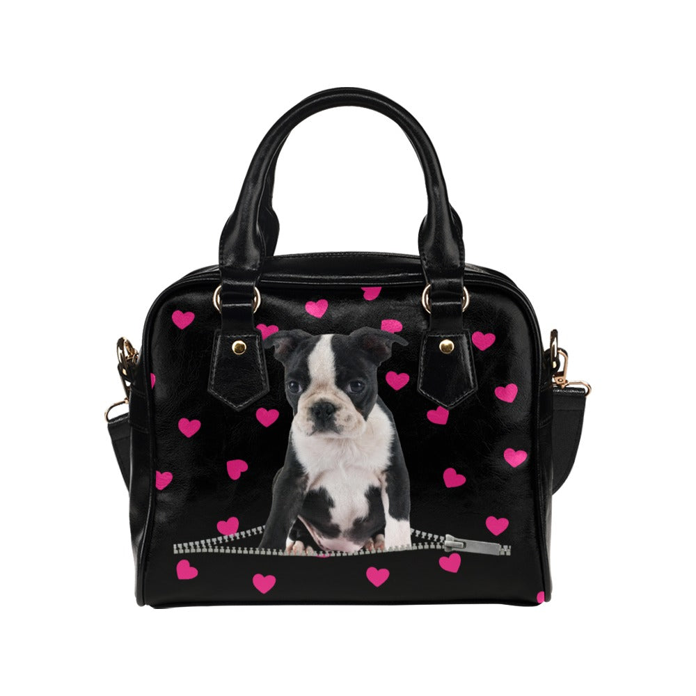 Boston Terrier Zip Hearts Shoulder Handbag