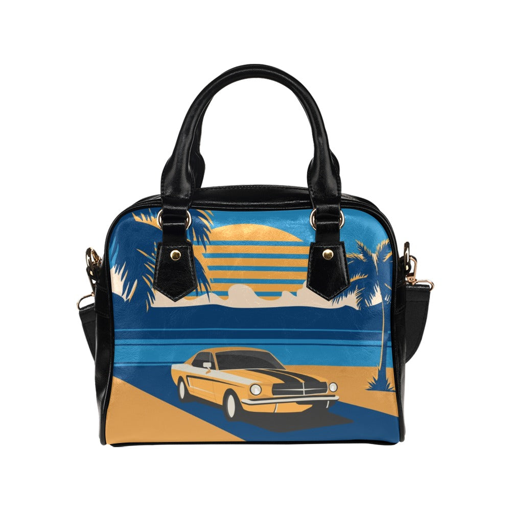 Retro Car Palm Trees Sunset Vintage Shoulder Handbag