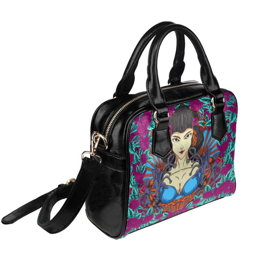 Japanese Geisha Woman Illustration With Flowers Shoulder Handbag