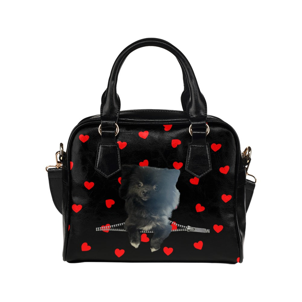 Black Pomeranian Zip Red Hearts Shoulder Handbag