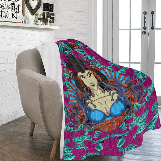 Japanese Geisha Woman Illustration With Flowers Ultra-Soft Micro Fleece Blanket 60"x80"