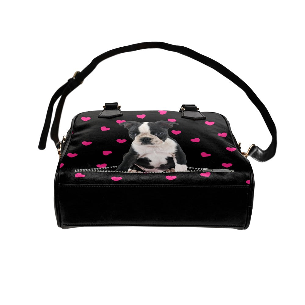 Boston Terrier Zip Hearts Shoulder Handbag