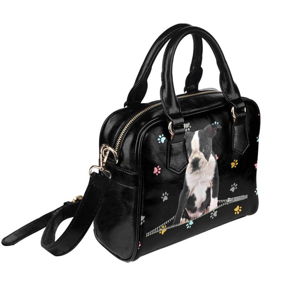 Boston Terrier Zip Colorful Paws Shoulder Handbag