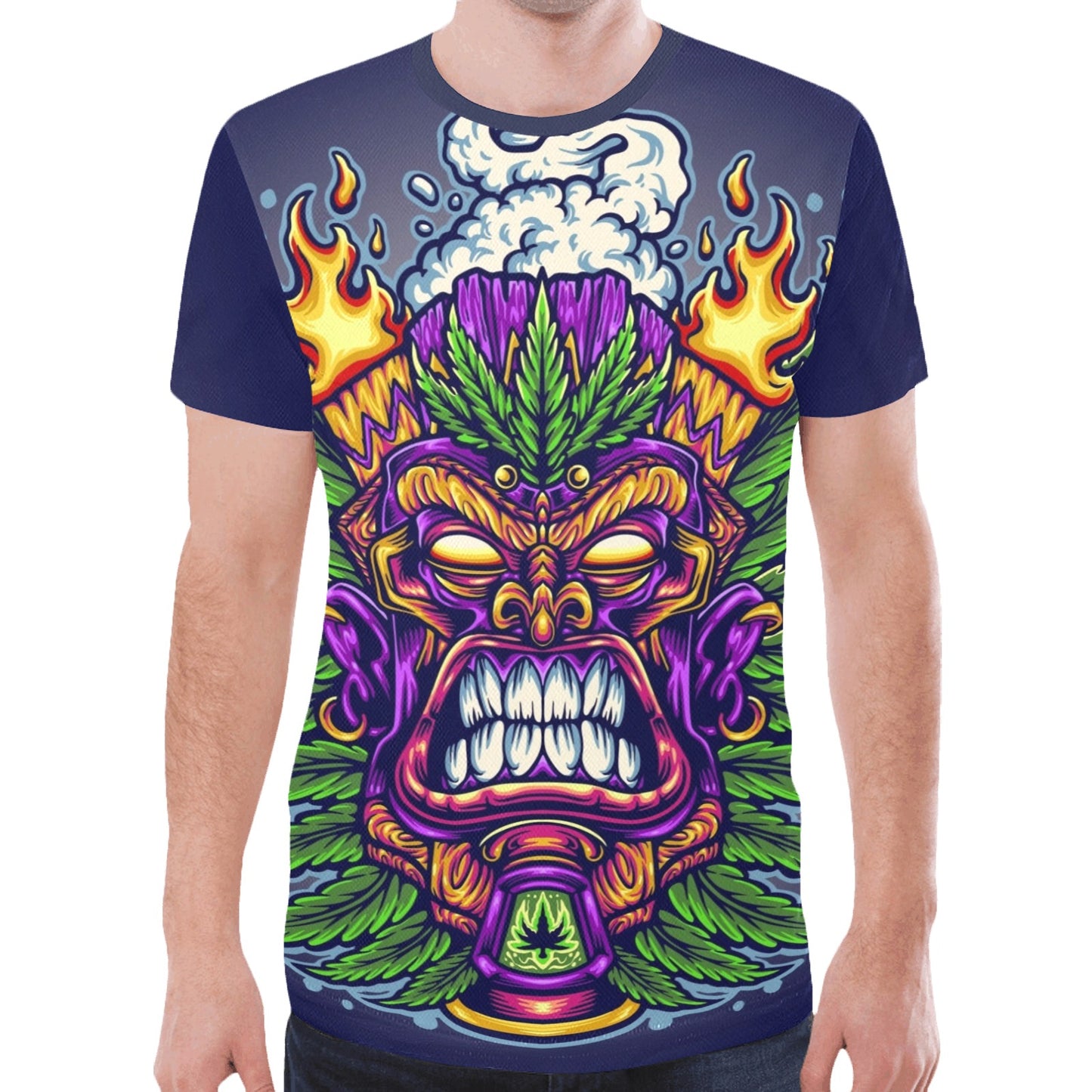 Angry Tiki Trippy Marijuana Leaf and Cloud Illustrations New All Over Print T-shirt