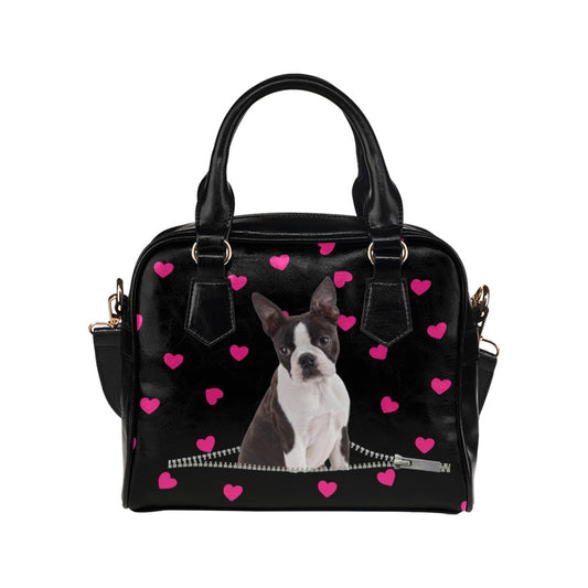 Boston Terrier Dog Zip Hearts Shoulder Handbag