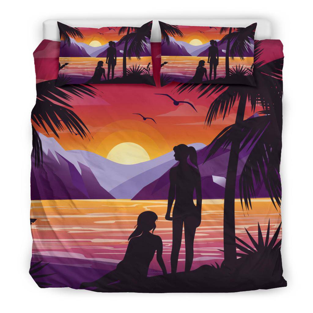 Couple Girls Friends Sunset Palms Bedding Set - Top Content | POD Collection | Free Shipping