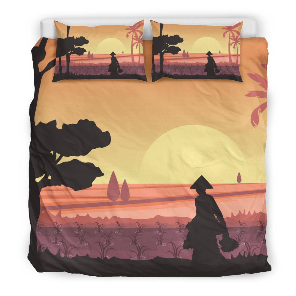 Morning Sunrise Asian Farmer Rice Field Bedding Set - Top Content | POD Collection | Free Shipping