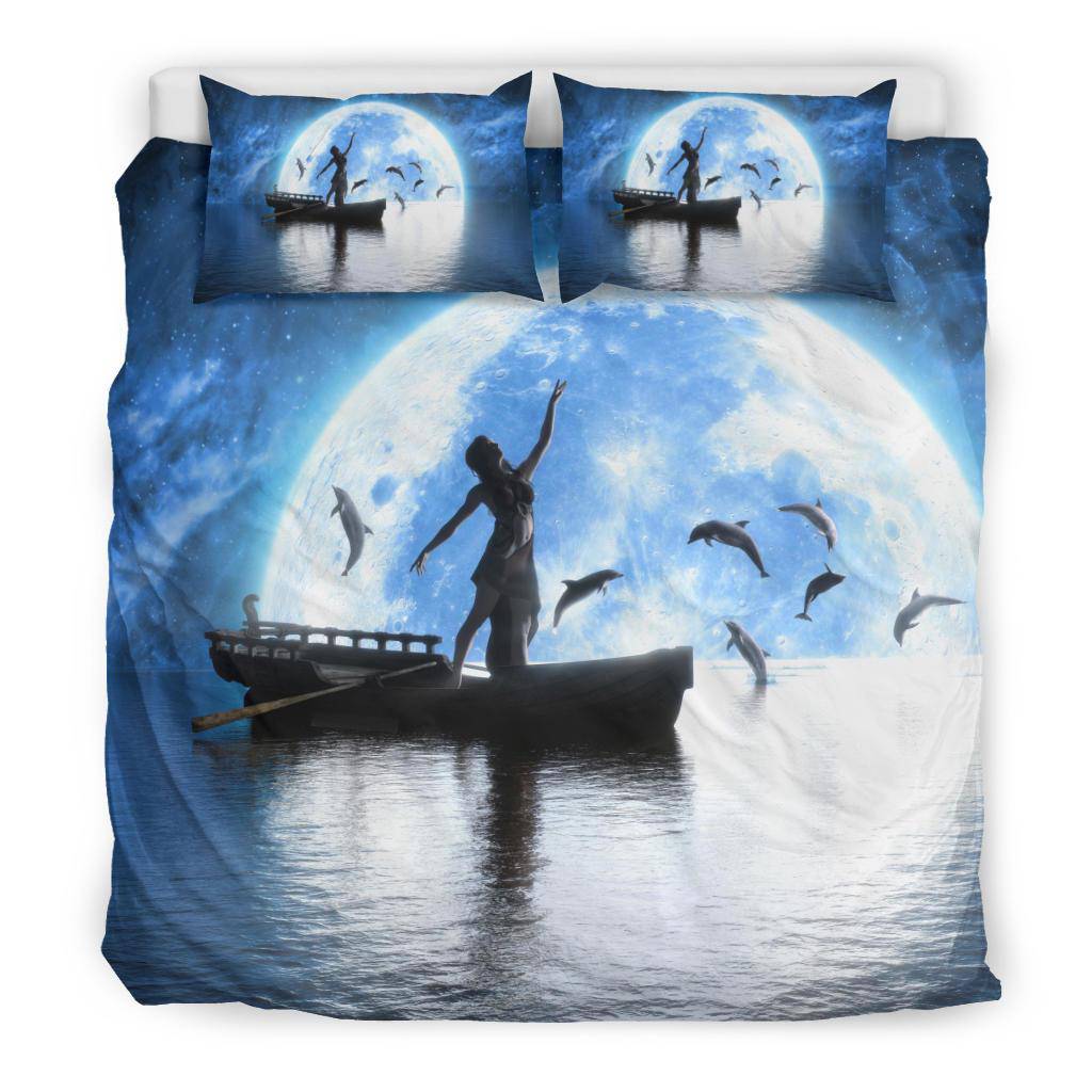 Dancing Woman Dolphins Moon Night Sky Sea Bedding Set - Top Content | POD Collection | Free Shipping