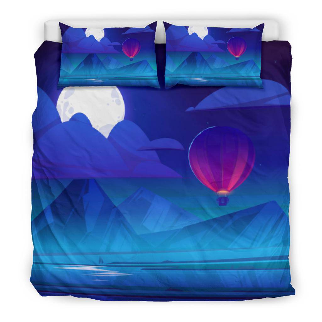 Air Balloon Flying Moonlight Night Sky Clouds Mountains Bedding Set - Top Content | POD Collection | Free Shipping