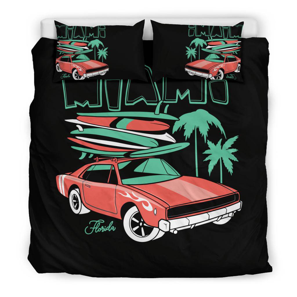 Miami City Red Car Palms Surfing Bedding Set - Top Content | POD Collection | Free Shipping