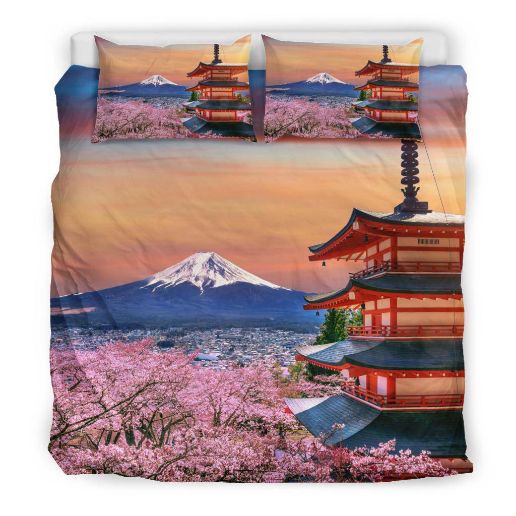 Cherry Blossoms Fuji Japan Sunset Bedding Set - Top Content | POD Collection | Free Shipping