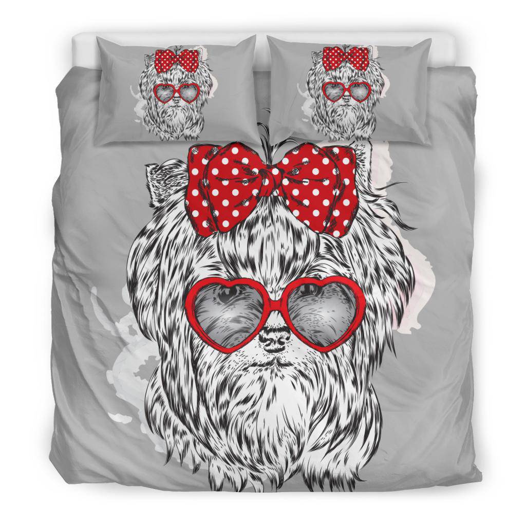 Cute Red Ribbon Yorkshire Terrier With Heart Glasses Bedding Set - Top Content | POD Collection | Free Shipping