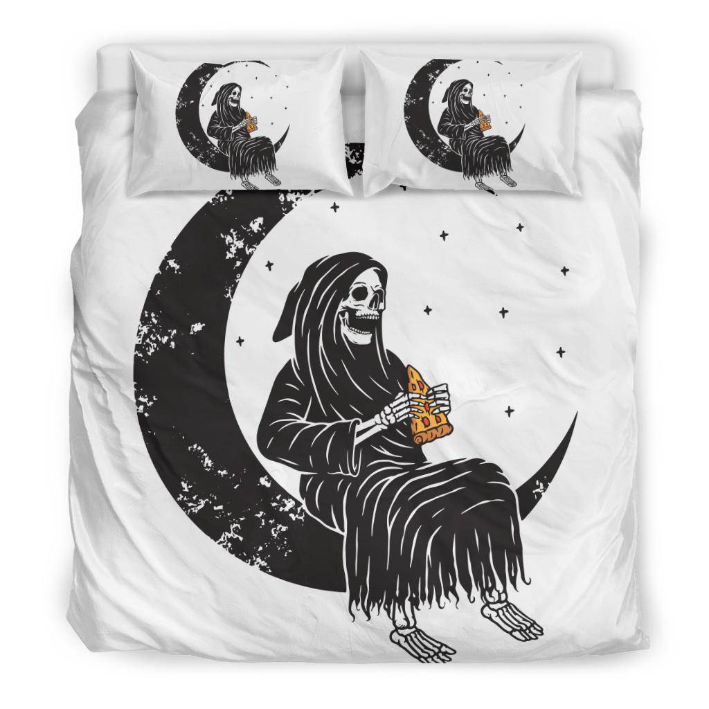 Skull Moon Grim Reaper Eating Pizza Funny Cartoon Bedding Set - Top Content | POD Collection | Free Shipping