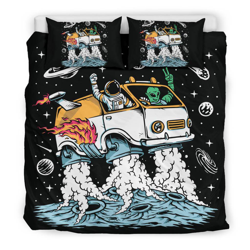 Alien With Astronaut Driving Space Car Cartoon Bedding Set - Top Content | POD Collection | Free Shipping