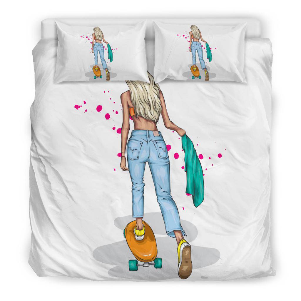 Cute Blonde Girl On Skateboard Cartoon Illustration Bedding Set - Top Content | POD Collection | Free Shipping