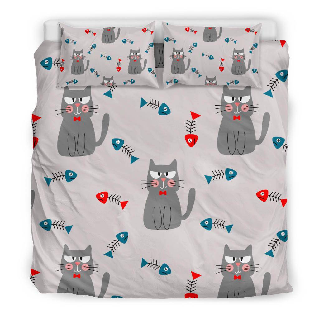 Cute Cat Fishbone Seamless Background Illustration Bedding Set - Top Content | POD Collection | Free Shipping