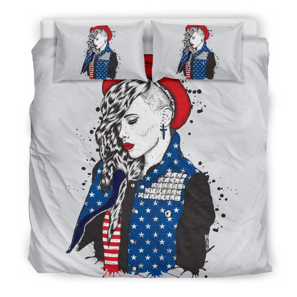 Beautiful Girl Hand Drawing USA Flag Bedding Set - Top Content | POD Collection | Free Shipping