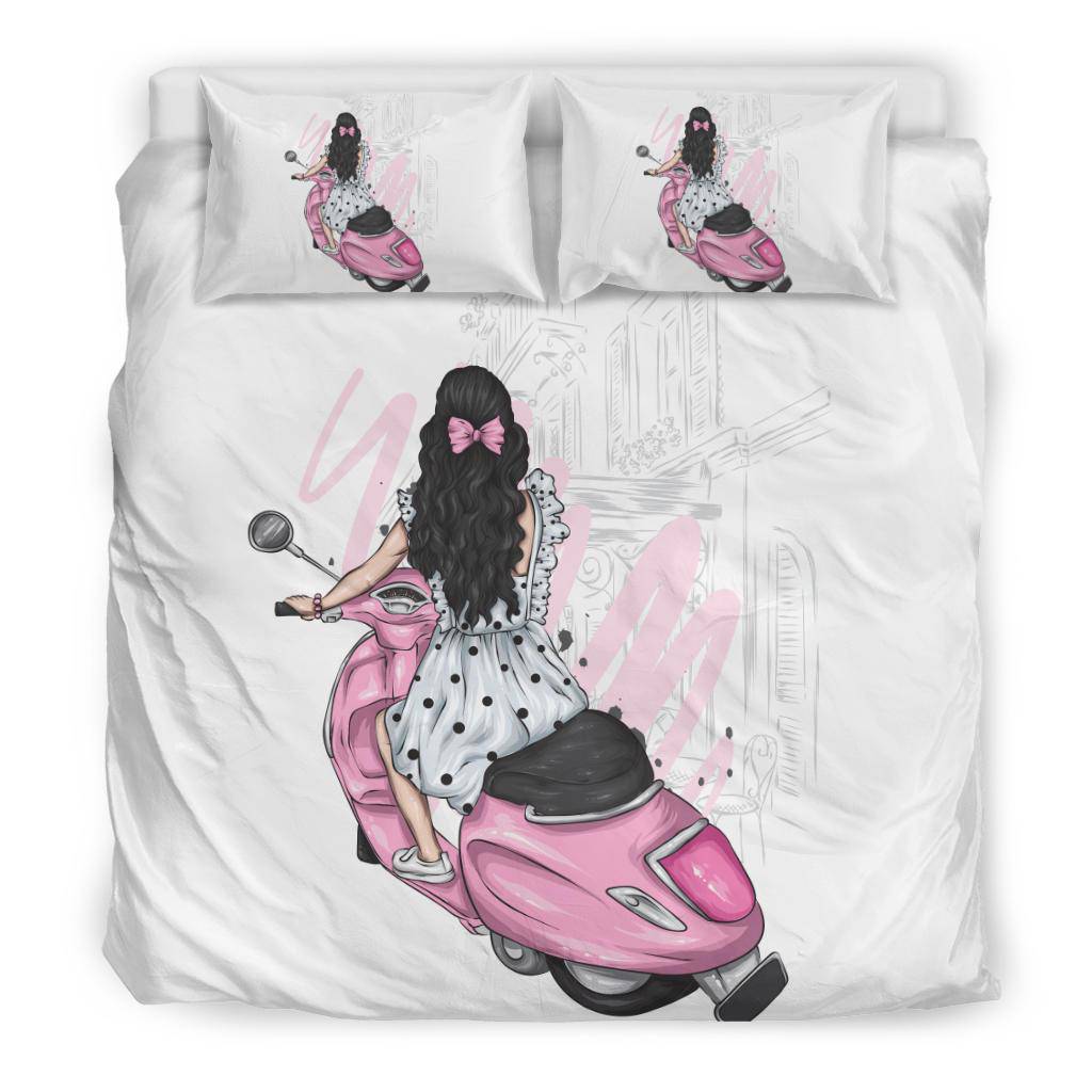 Beautiful Stylish Girl with Vintage Dress and Scooter Bedding Set - Top Content | POD Collection | Free Shipping