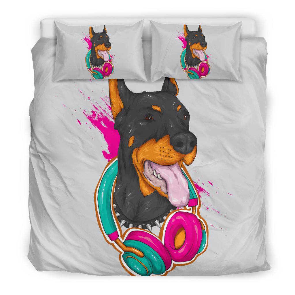 Doberman Cartoon Premium Blanket Cool Dog Wearing Headphones Bedding Set - Top Content | POD Collection | Free Shipping