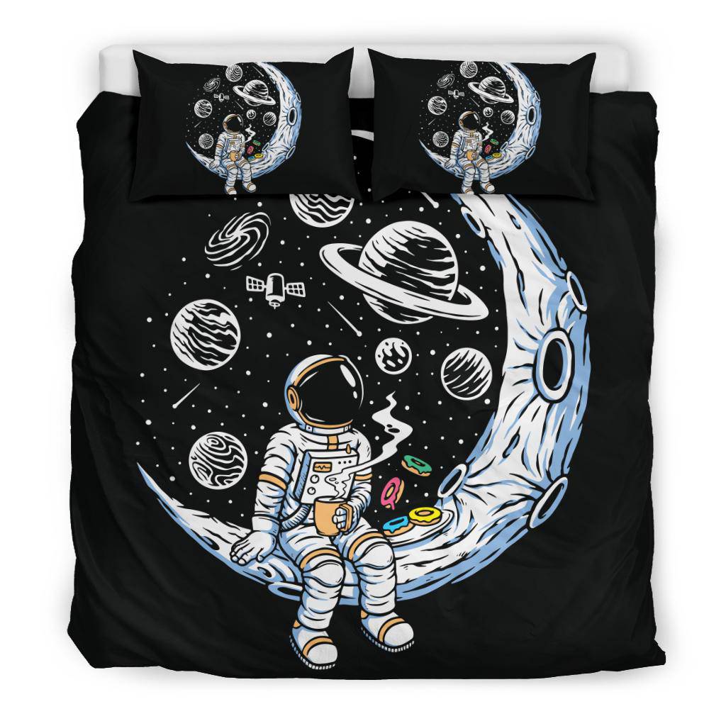 Moon Astronaut Drinking Coffee And Eating Doughnuts Bedding Set - Top Content | POD Collection | Free Shipping