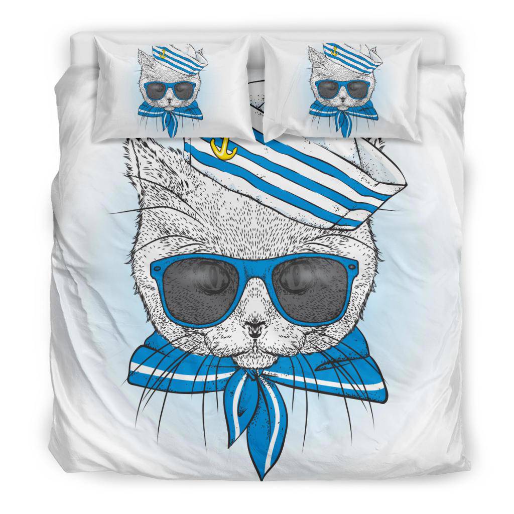 Sea Sailor Blue Suit Cat Portrait Illustration Bedding Set - Top Content | POD Collection | Free Shipping